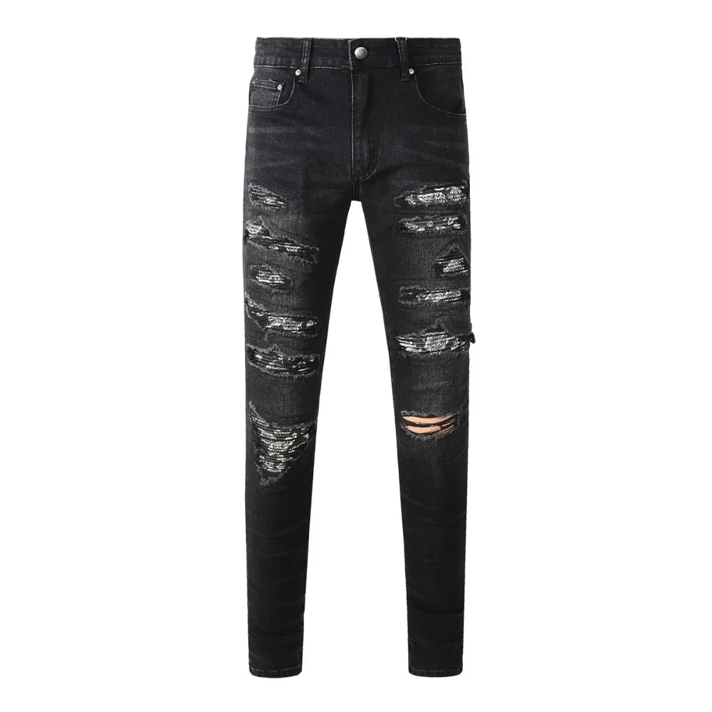 Slim Fit Ripped Denim Jeans – Retro American Streetwear