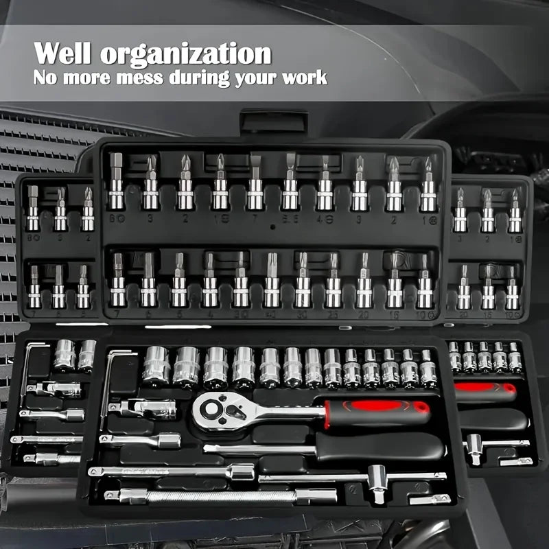 Juego de vasos de acero CR-V de 46 piezas – Llave de carraca, barra de extensión y bolsa de almacenamiento para reparación de automóviles y el hogar