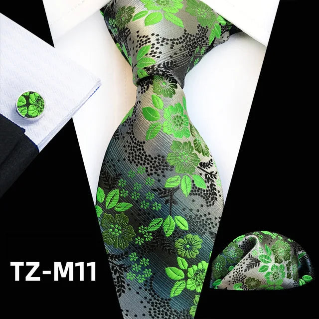 Floral Silk Necktie, Pocket Square & Cufflinks Set – Multiple Colors