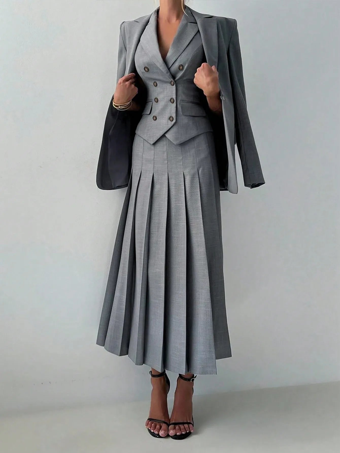 Women's 3-Piece Elegant Business Suit Set – Blazer, Vest & Pleated Midi Skirt