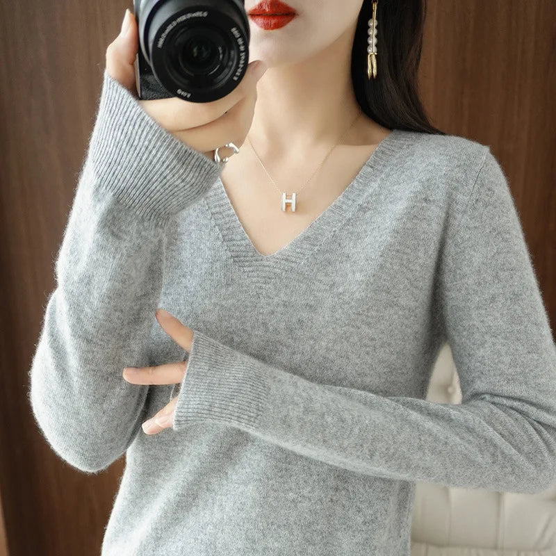 Women's V-Neck Lace Hollow-Out Knit Sweater | Casual Long Sleeve Pullover 10 Colors M-XXL
