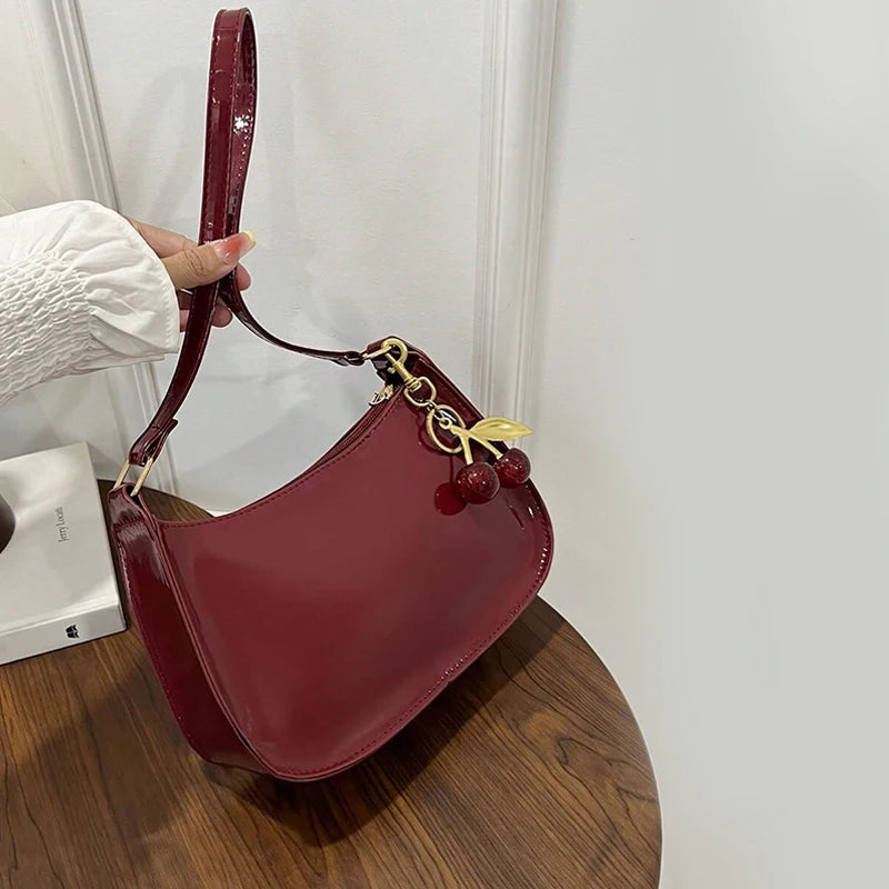 Vintage Retro PU Leather Shoulder Bag — Underarm Crossbody Handbag with Cherry Pendant
