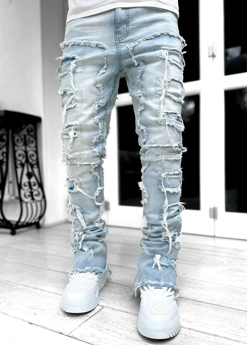 Unisex Stacked Ripped Distressed Slim Jeans
