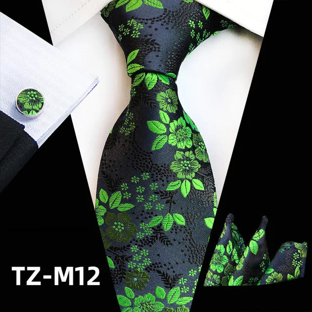 Floral Silk Necktie, Pocket Square & Cufflinks Set – Multiple Colors