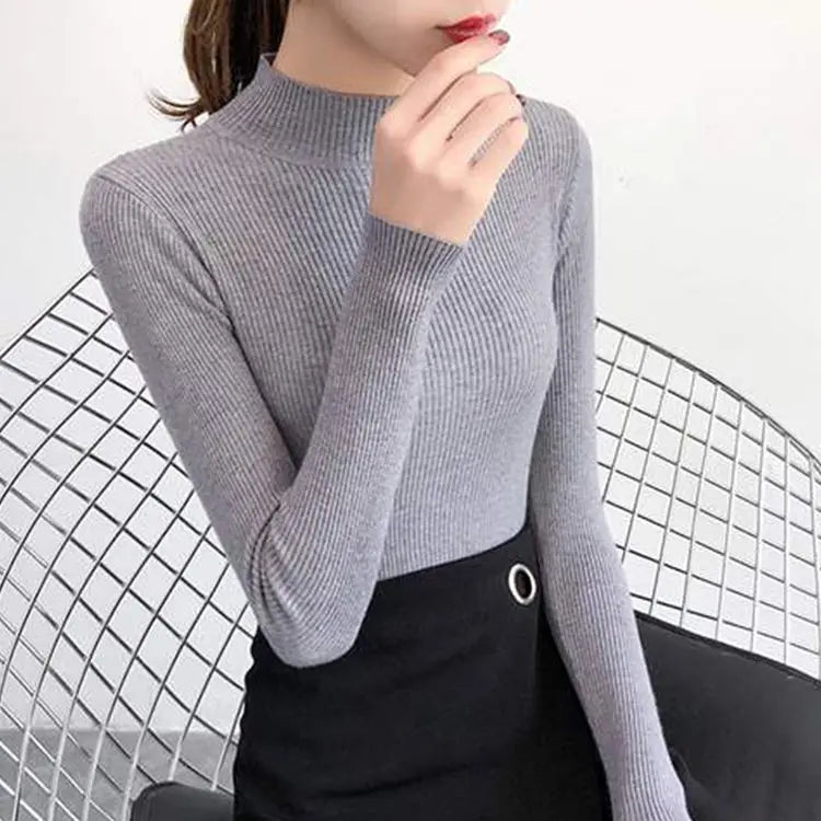 Women's Mock Neck Slim Knit Pullover | Vintage Basic Solid Sweater 11 Colors One Size