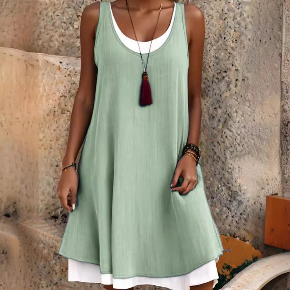 Women's Sleeveless Fake Two-Piece Loose A-Line Dress