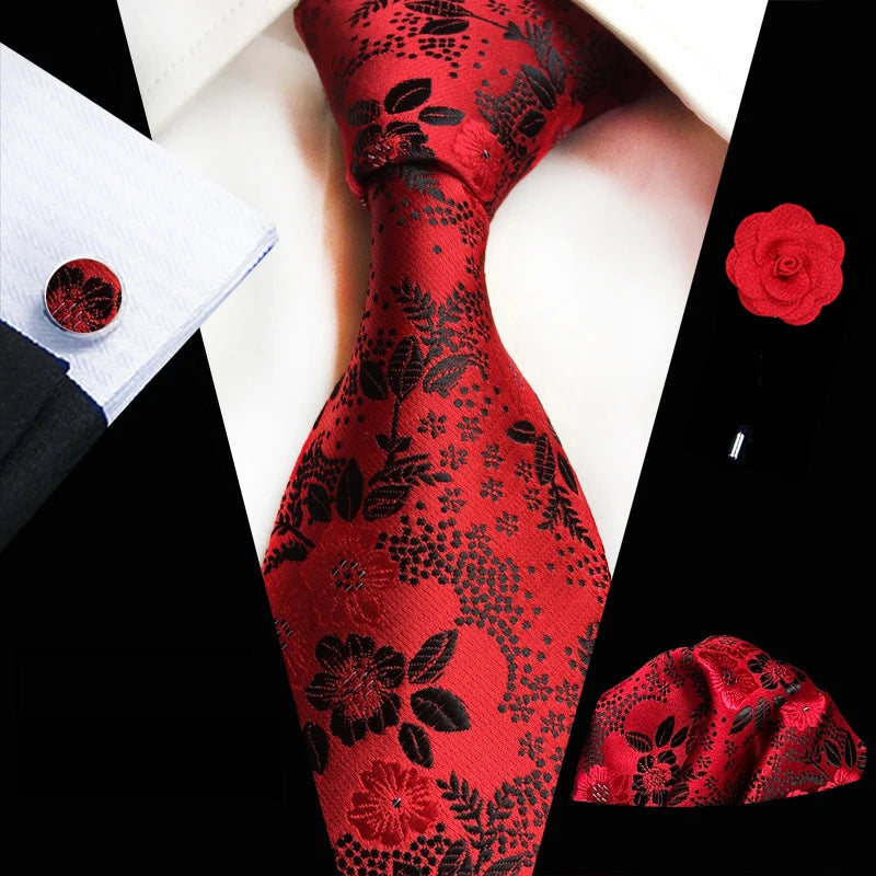 Floral Silk Necktie, Pocket Square & Cufflinks Set – Multiple Colors