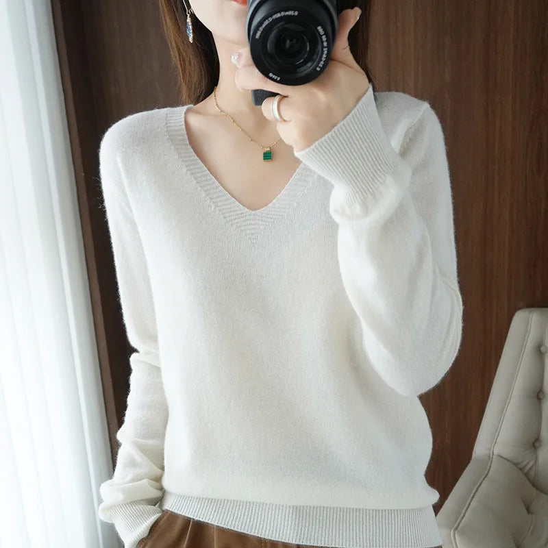 Women's V-Neck Lace Hollow-Out Knit Sweater | Casual Long Sleeve Pullover 10 Colors M-XXL