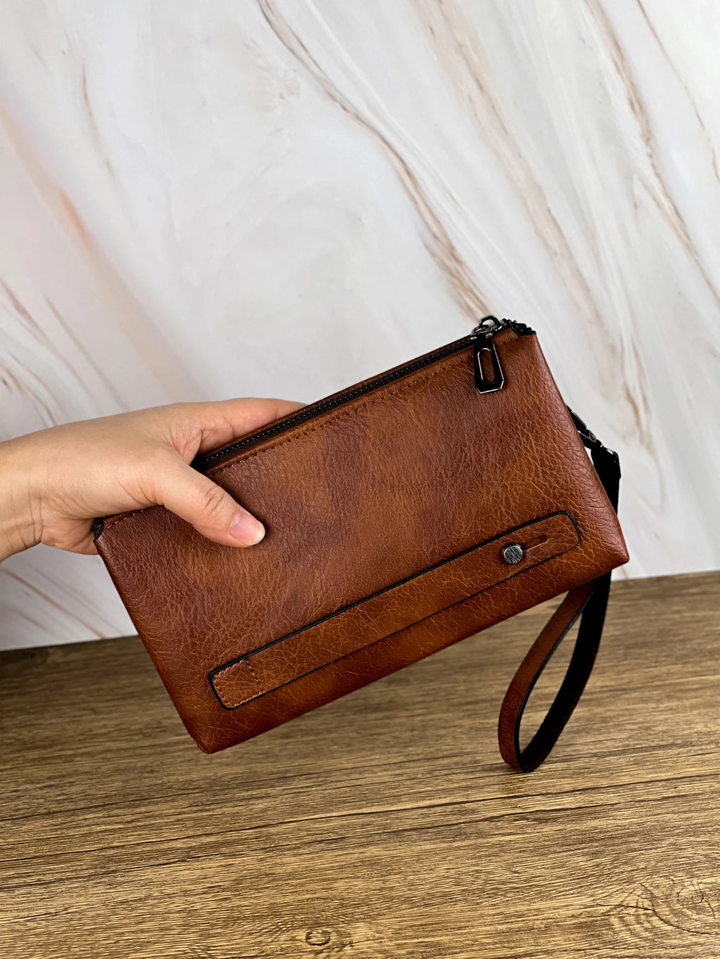 Retro PU Leather Clutch Bag — Large Capacity Double Compartment Zipper Wallet