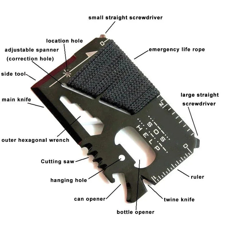 14-in-1 EDC Multi-Tool Card – Stainless Steel Wallet Tool for Camping, Hiking & Survival