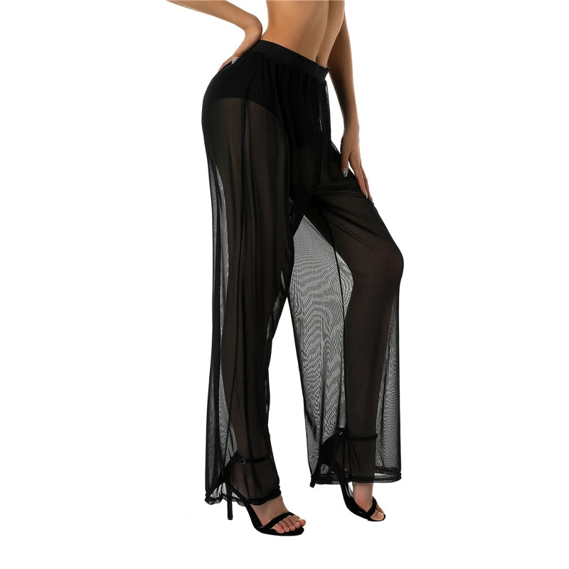 Pantalón sexy transparente de cintura alta para mujer, informal, largo, estilo Y2K, pernera ancha, transparente, largo, para verano, ropa urbana