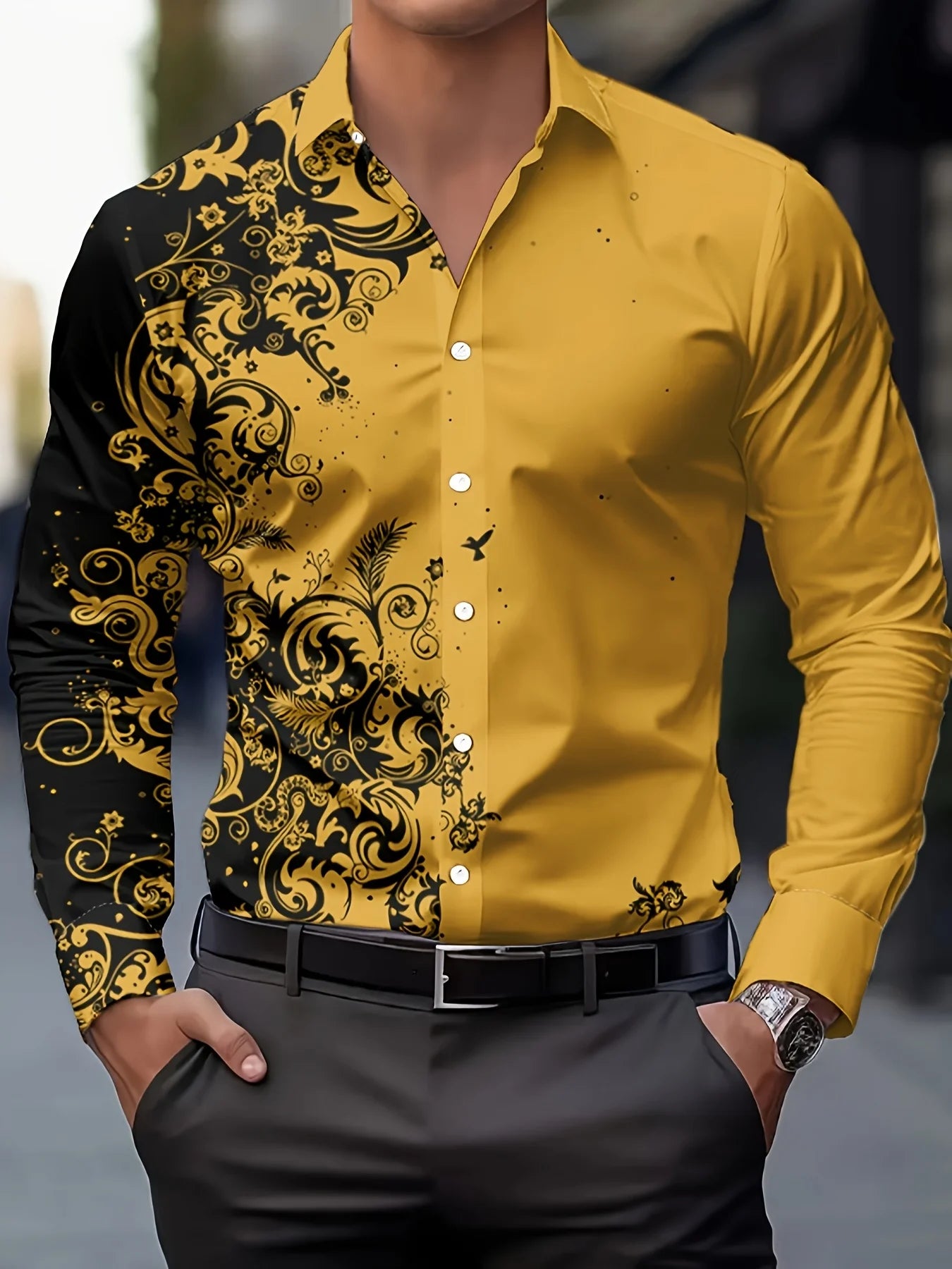 Men's Floral Print Dress Shirt - Long Sleeve Button-Up (S-5XL)