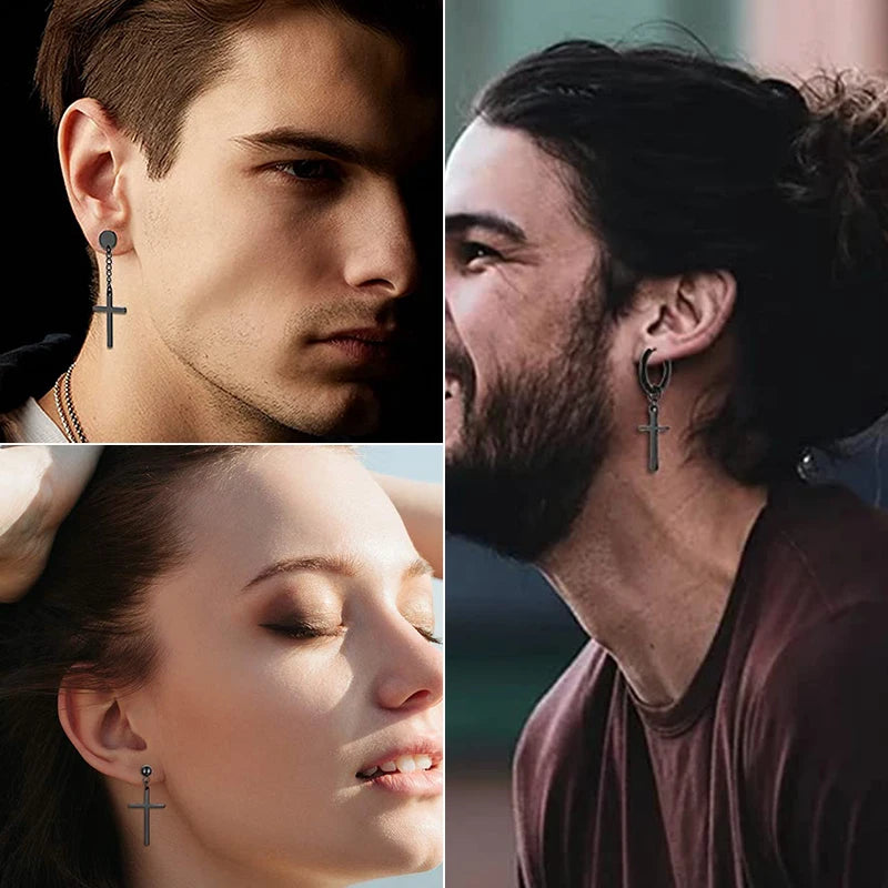 Punk Stainless Steel Hoop & Stud Earrings – Unisex Round & Cross Style