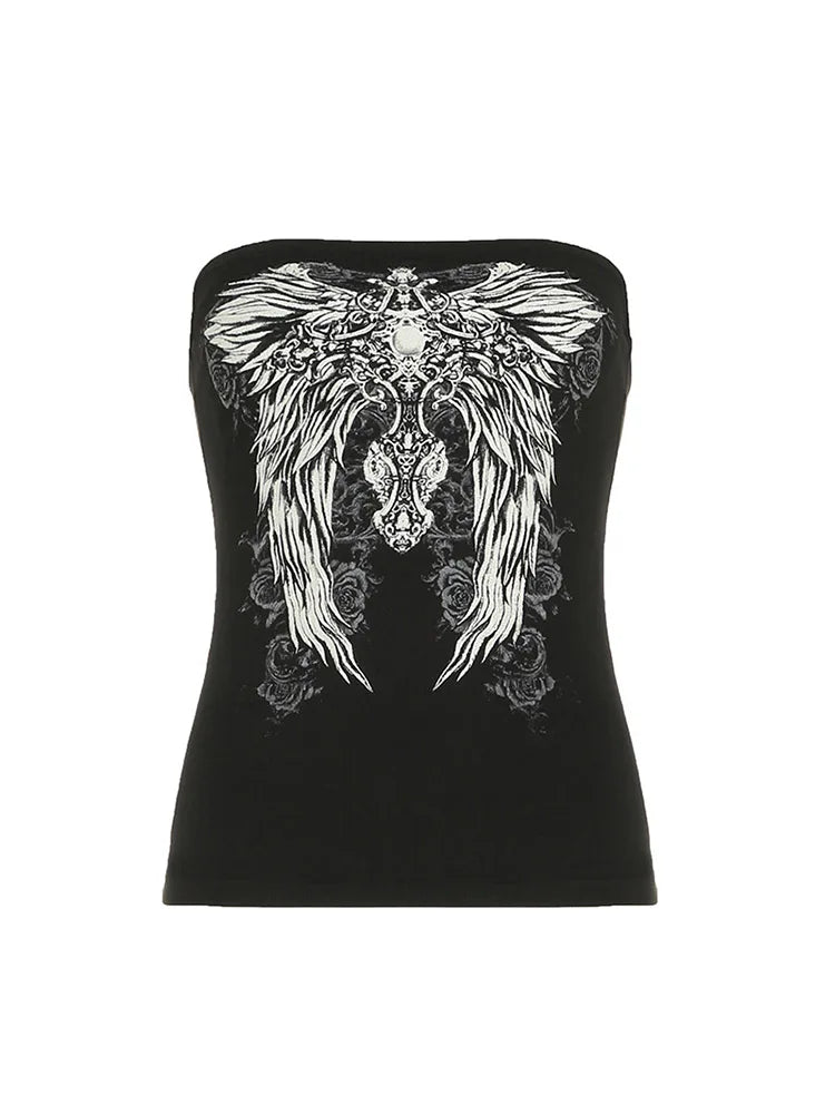 Gothic Graphic Strapless Tube Top – Y2K Cropped Vest for Women