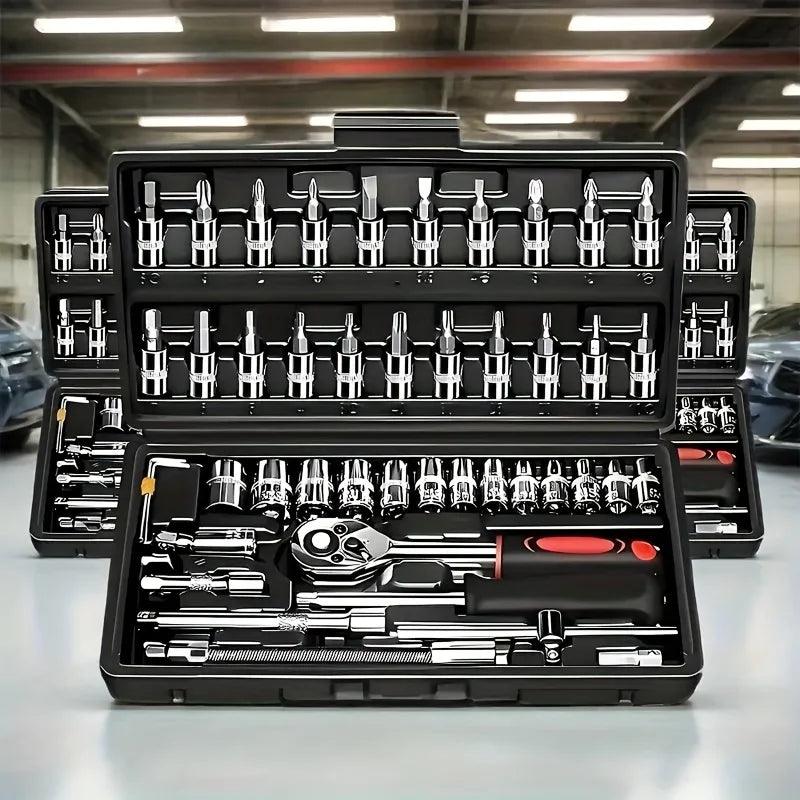 Juego de vasos de acero CR-V de 46 piezas – Llave de carraca, barra de extensión y bolsa de almacenamiento para reparación de automóviles y el hogar