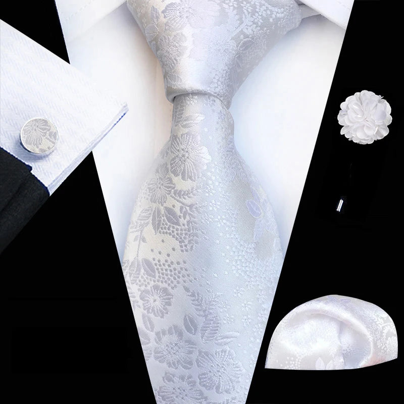 Floral Silk Necktie, Pocket Square & Cufflinks Set – Multiple Colors