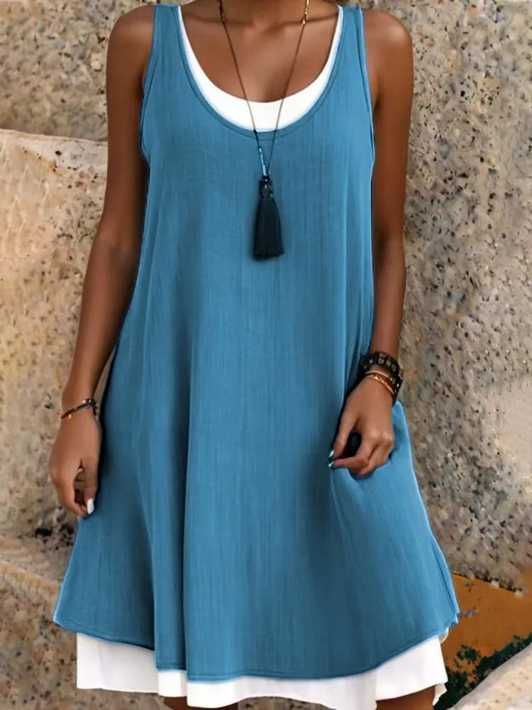 Women's Sleeveless Fake Two-Piece Loose A-Line Dress
