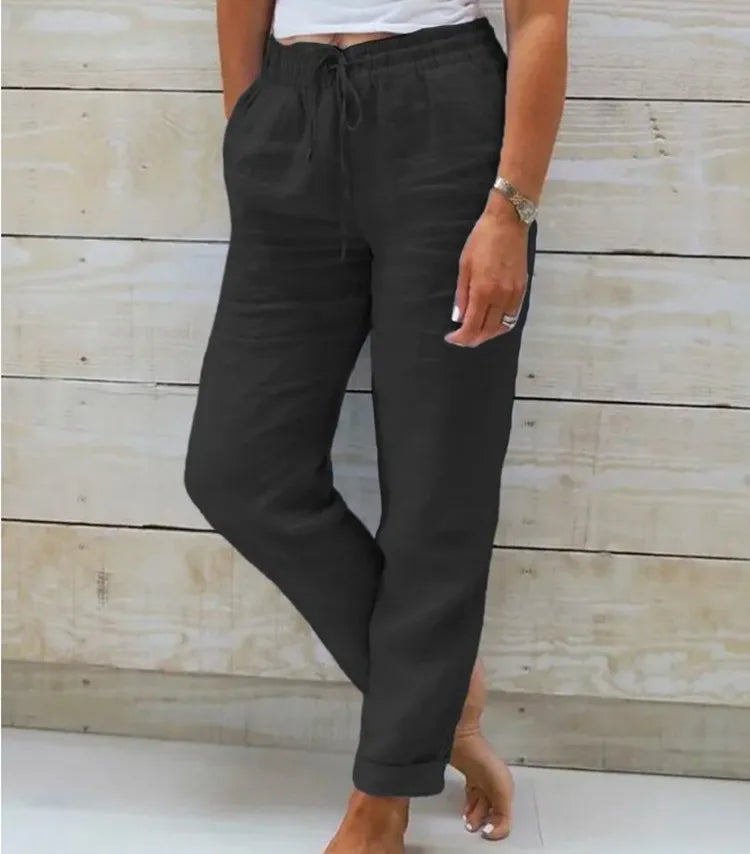 Pantalones de Verano de Lino y Algodón para Mujer, Cintura Alta Elástica, Pantalones Casuales, Ropa Urbana, Color Liso, Ropa Femenina 2026, Pantalones Lápiz Holgados