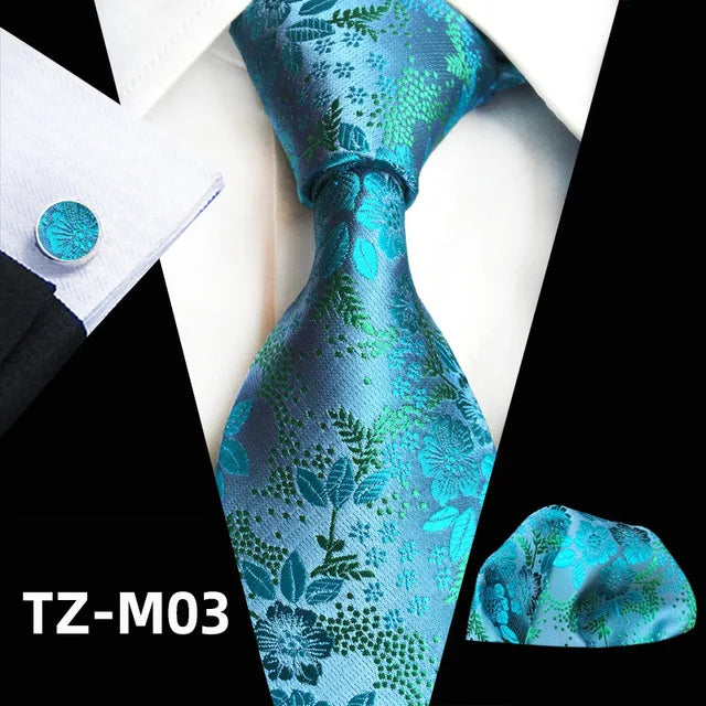 Floral Silk Necktie, Pocket Square & Cufflinks Set – Multiple Colors