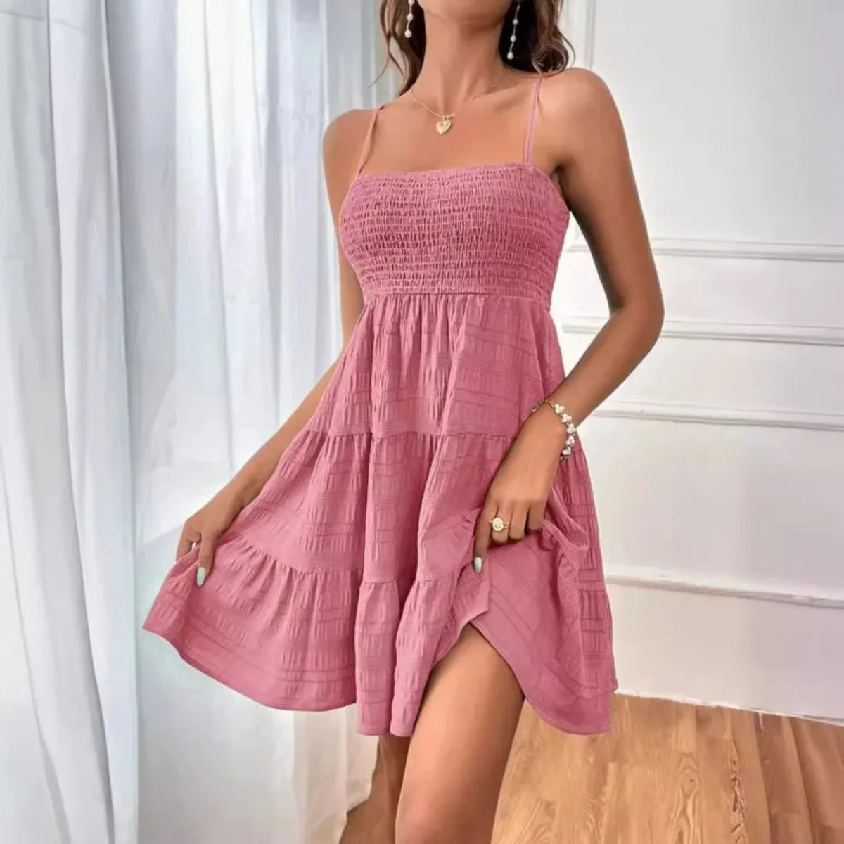 Women's Smocked Bustier Spaghetti Strap Tiered Mini Dress