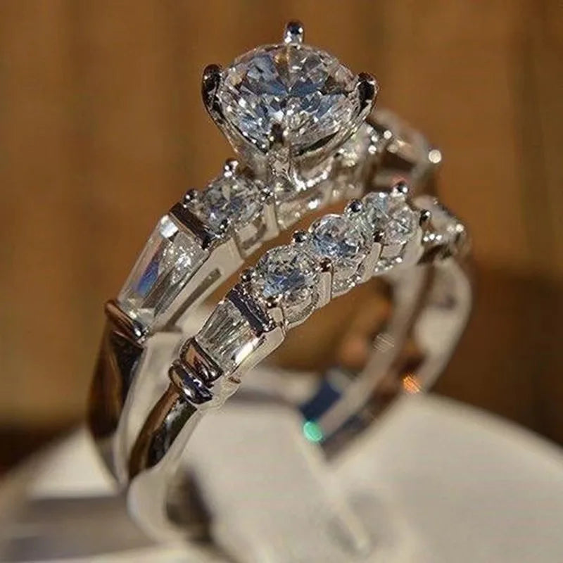 Simulated Diamond Combo Ring | Round & Baguette Cut | Silver Plated Band