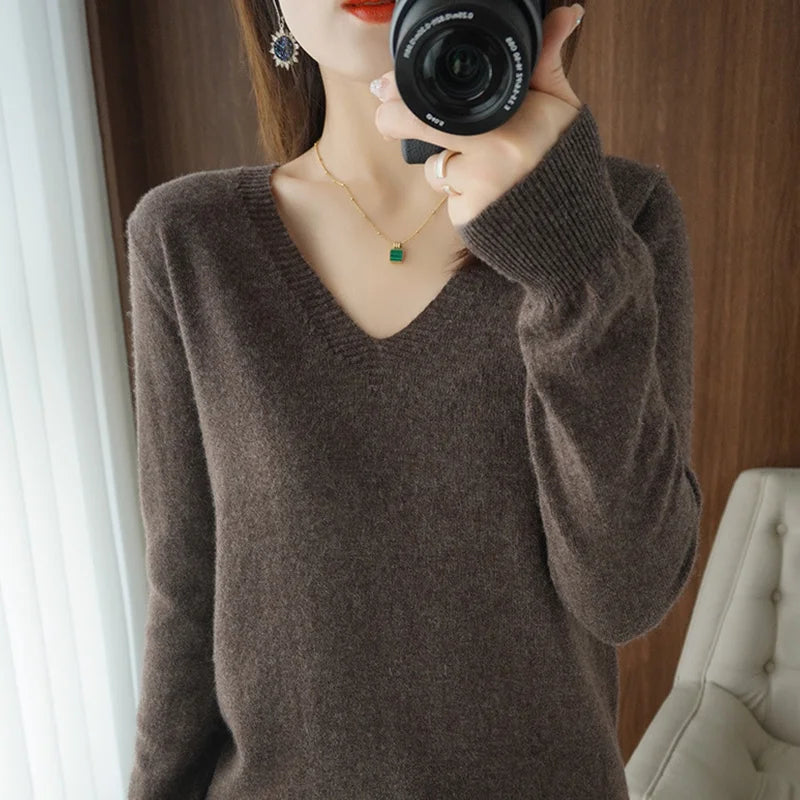 Women's V-Neck Lace Hollow-Out Knit Sweater | Casual Long Sleeve Pullover 10 Colors M-XXL