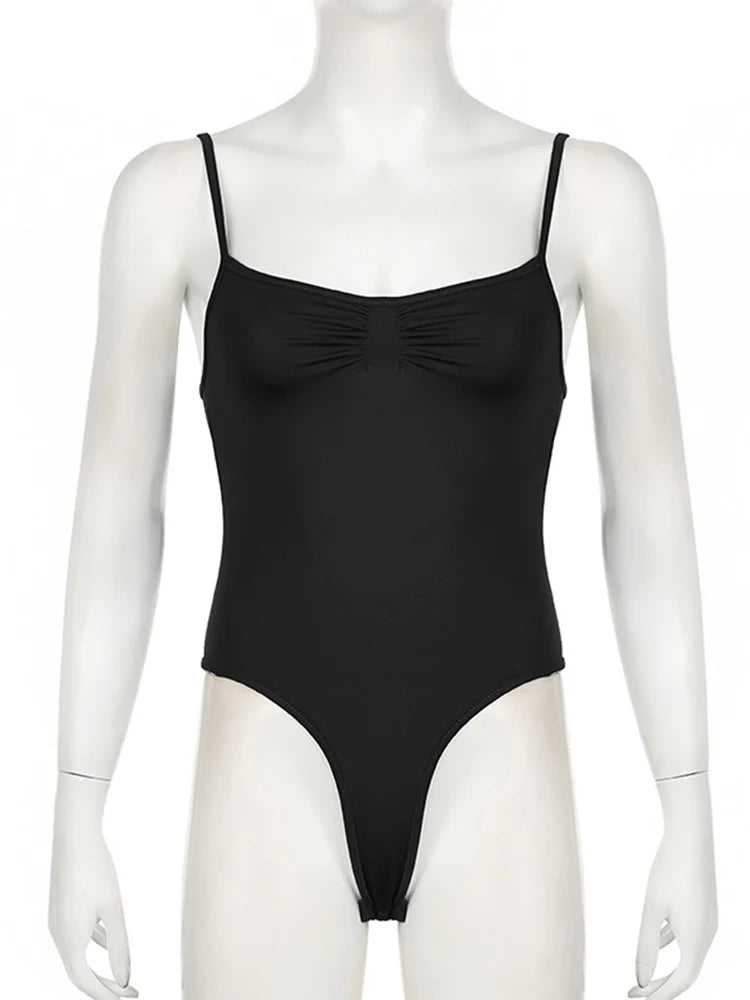 Women's Shirred V-Neck Bodysuit – Spaghetti Strap Slim Fit Camisole