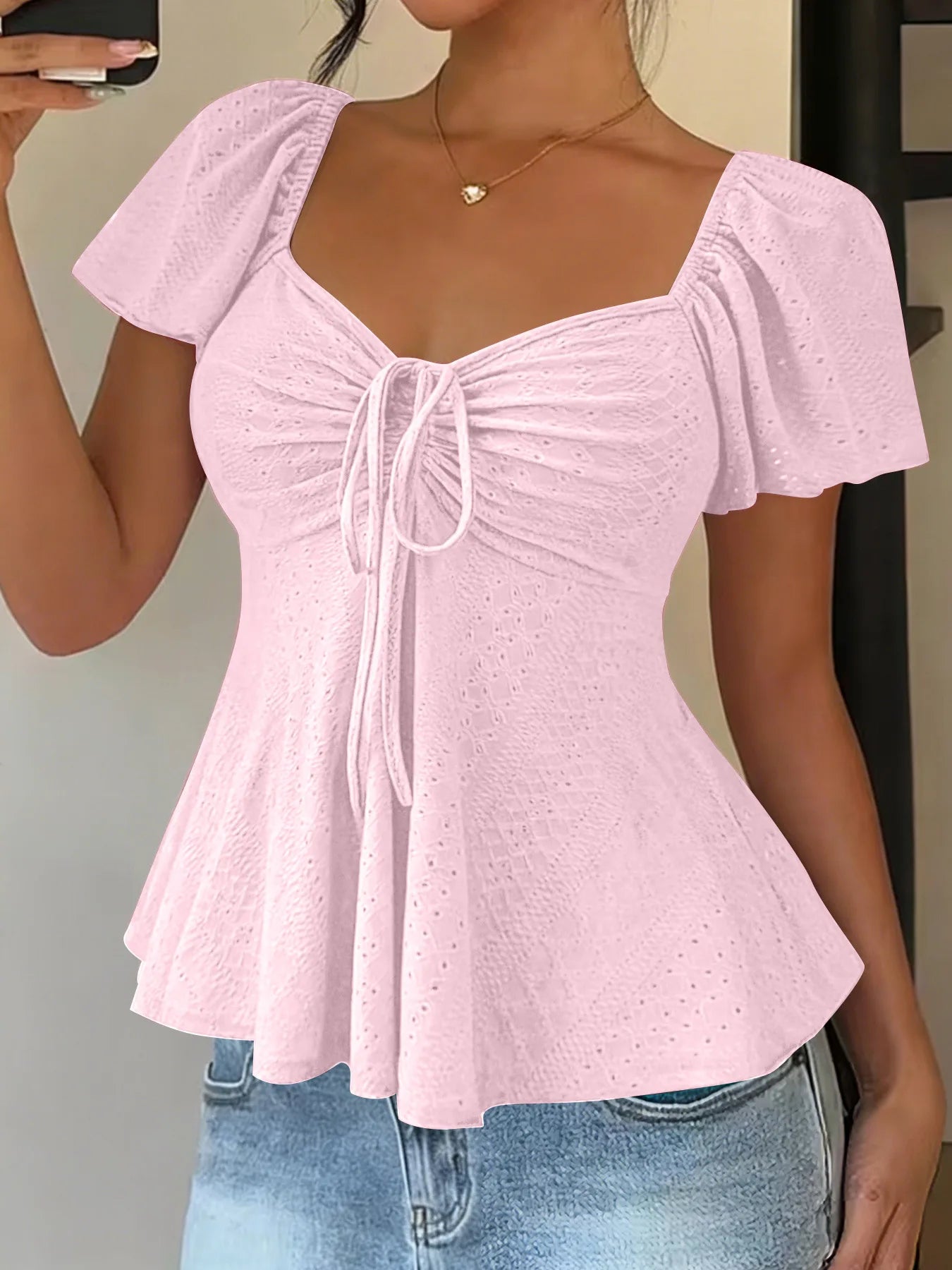 Women's Y2K Drawstring Blouse - V-Neck Butterfly Sleeve (S-XXL)