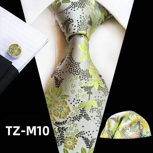 Floral Silk Necktie, Pocket Square & Cufflinks Set – Multiple Colors