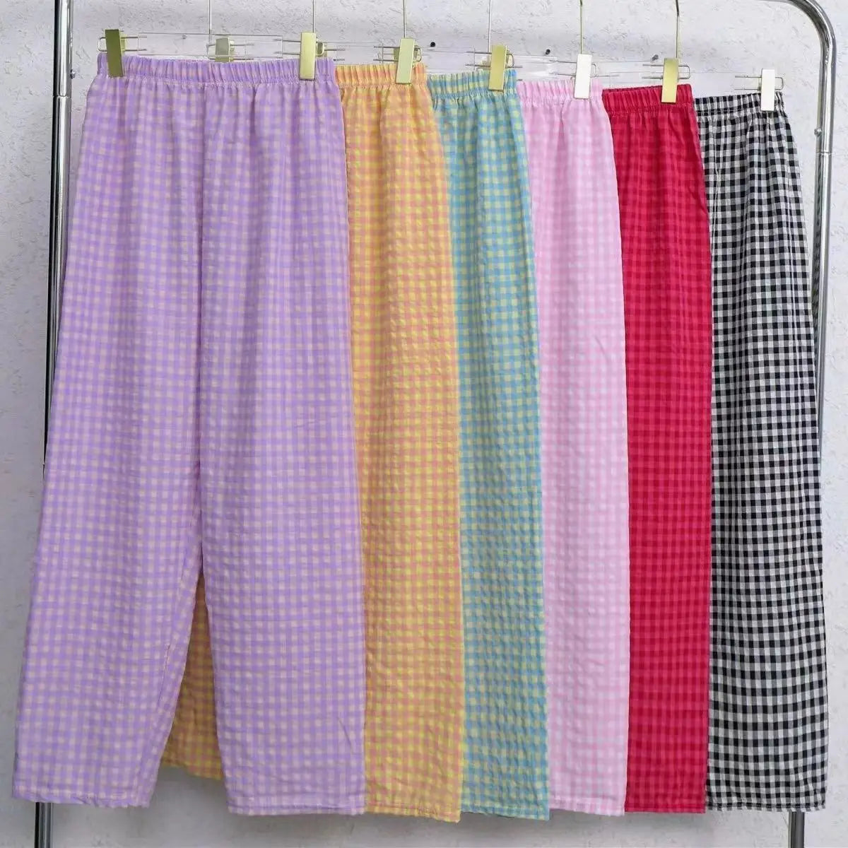 Pantalones de pijama a cuadros de nueve puntos para el hogar de verano, casuales, relajados, transpirables, finos, con cintura elástica para estudiantes femeninas