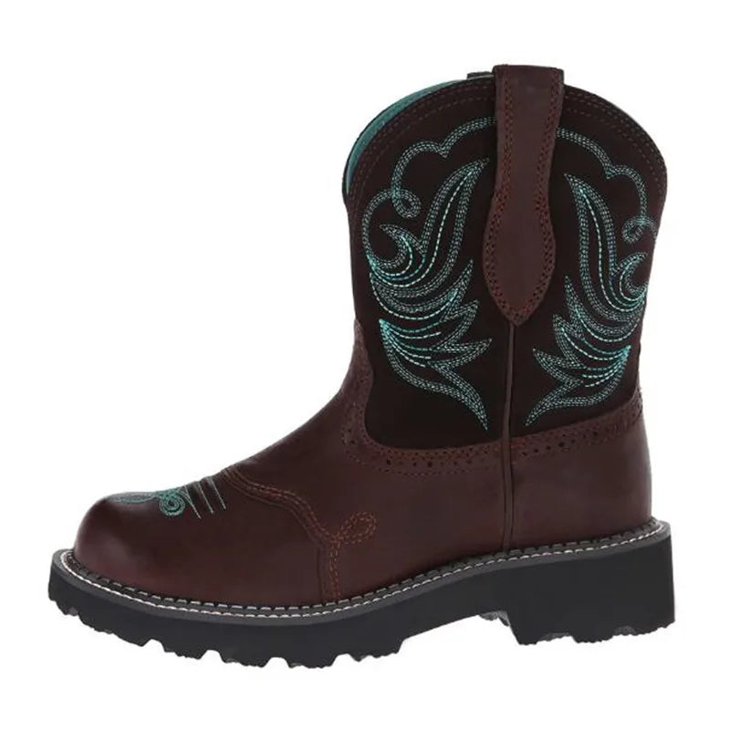 Women's Goth Cowboy Boots – Embroidered Mid-Calf Slip-On, Retro Western