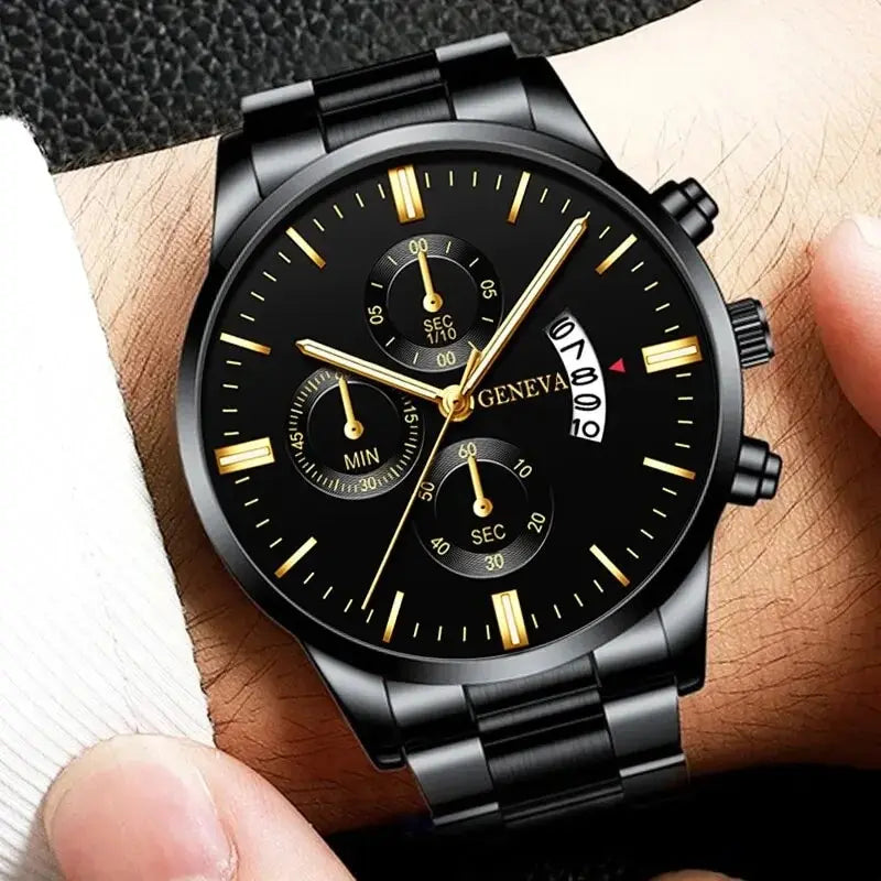 Men's Quartz Watch & Bracelet Gift Set – Calendar Chronograph-Style Dial
