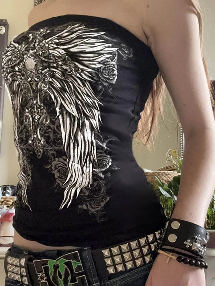Gothic Graphic Strapless Tube Top – Y2K Cropped Vest for Women
