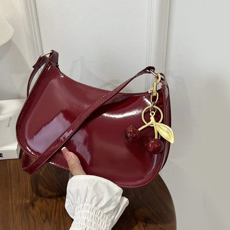 Vintage Retro PU Leather Shoulder Bag — Underarm Crossbody Handbag with Cherry Pendant