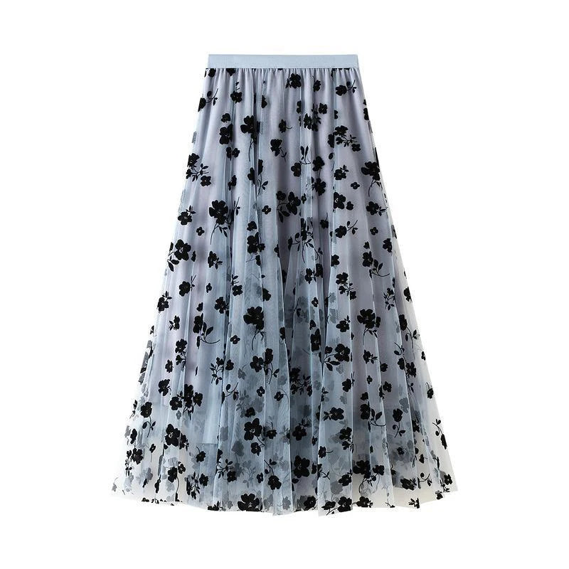 Floral Flocked Tulle Pleated Midi Skirt