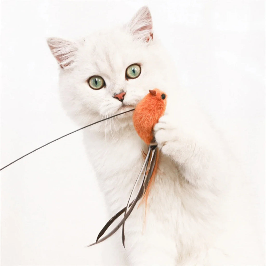 Simulated Bird Cat Teaser Toy – Feather Wand with Upgraded Suction Cup & Steel Wire Rod