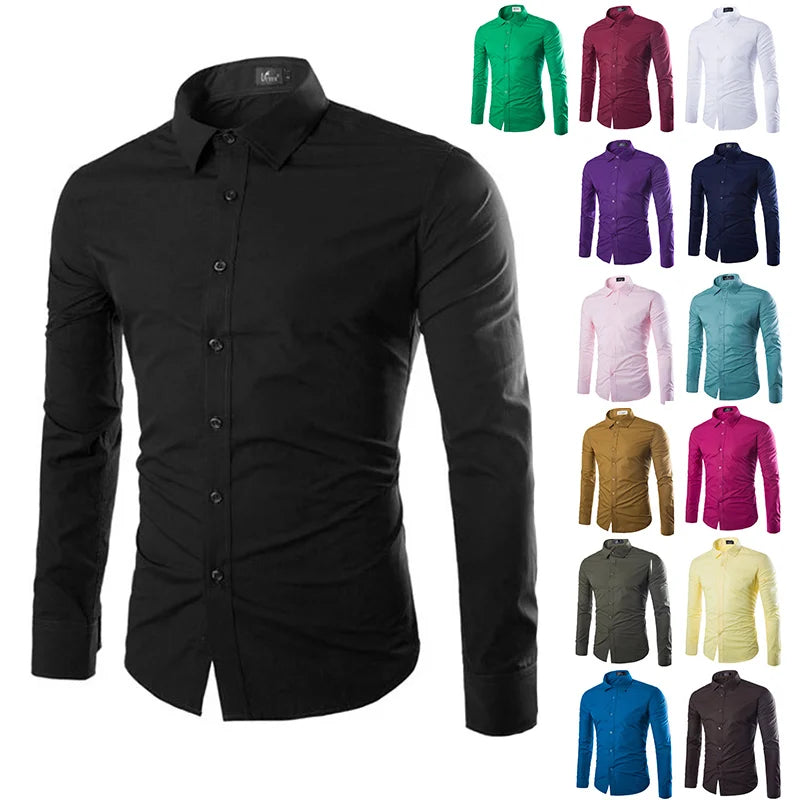 Men's Casual Long Sleeve Shirt - Solid Color Candy Collection (M-3XL)
