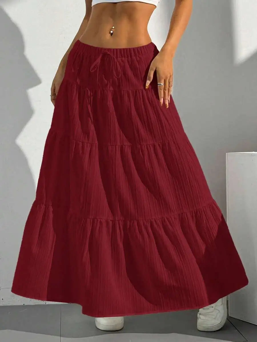 Tie-Strap Pleated Flared Maxi Skirt