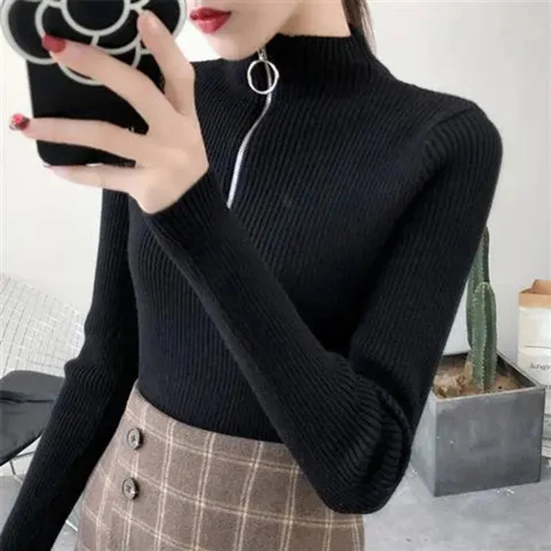 Half-Zip Mock Neck Slim Knit Sweater – 12 Colors