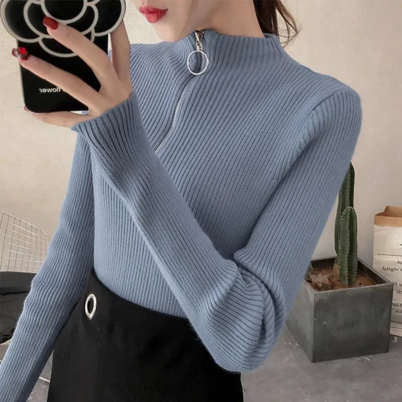 Half-Zip Mock Neck Slim Knit Sweater – 12 Colors