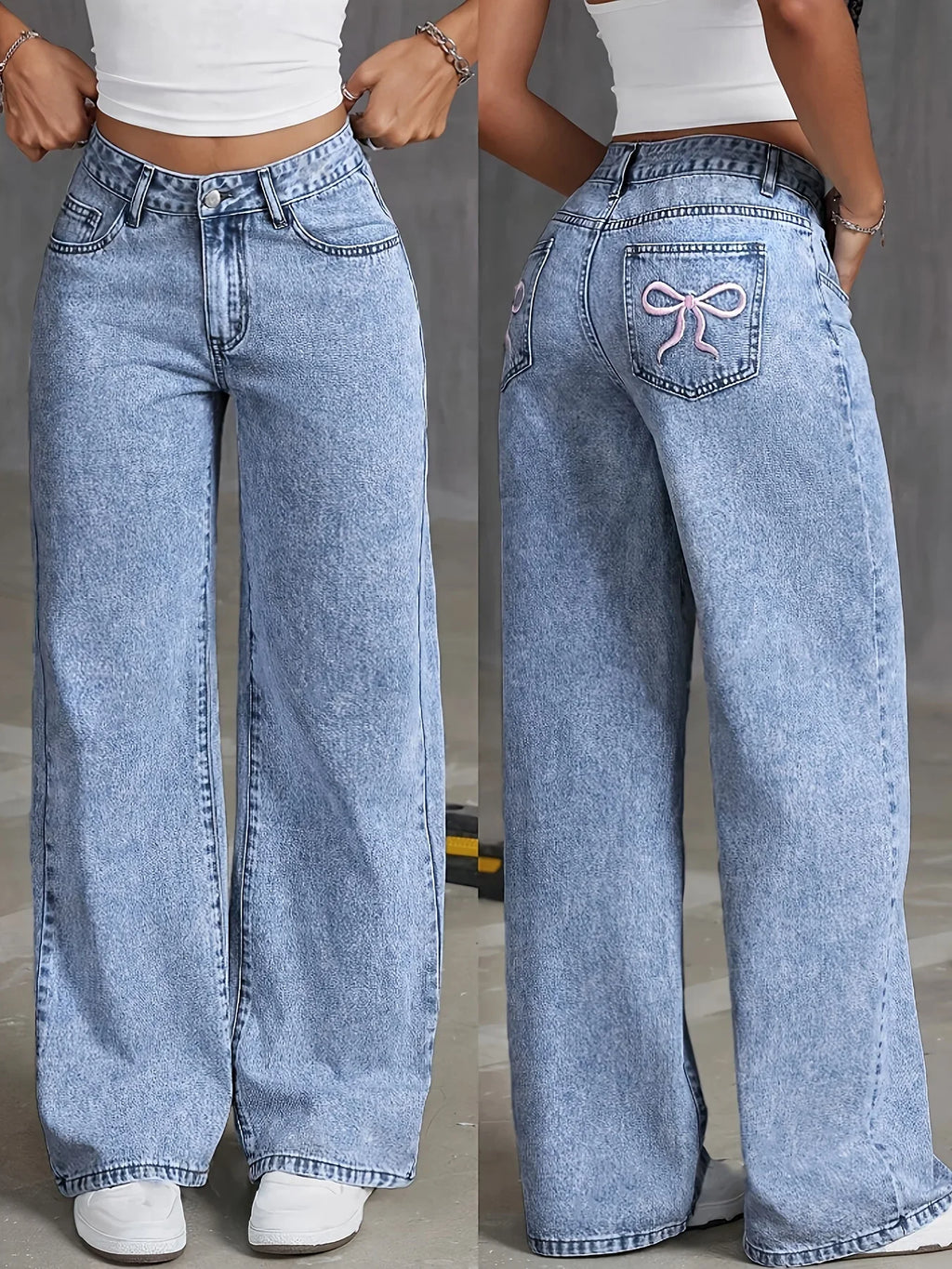 Bow Embroidered Wide-Leg Jeans – Light Blue