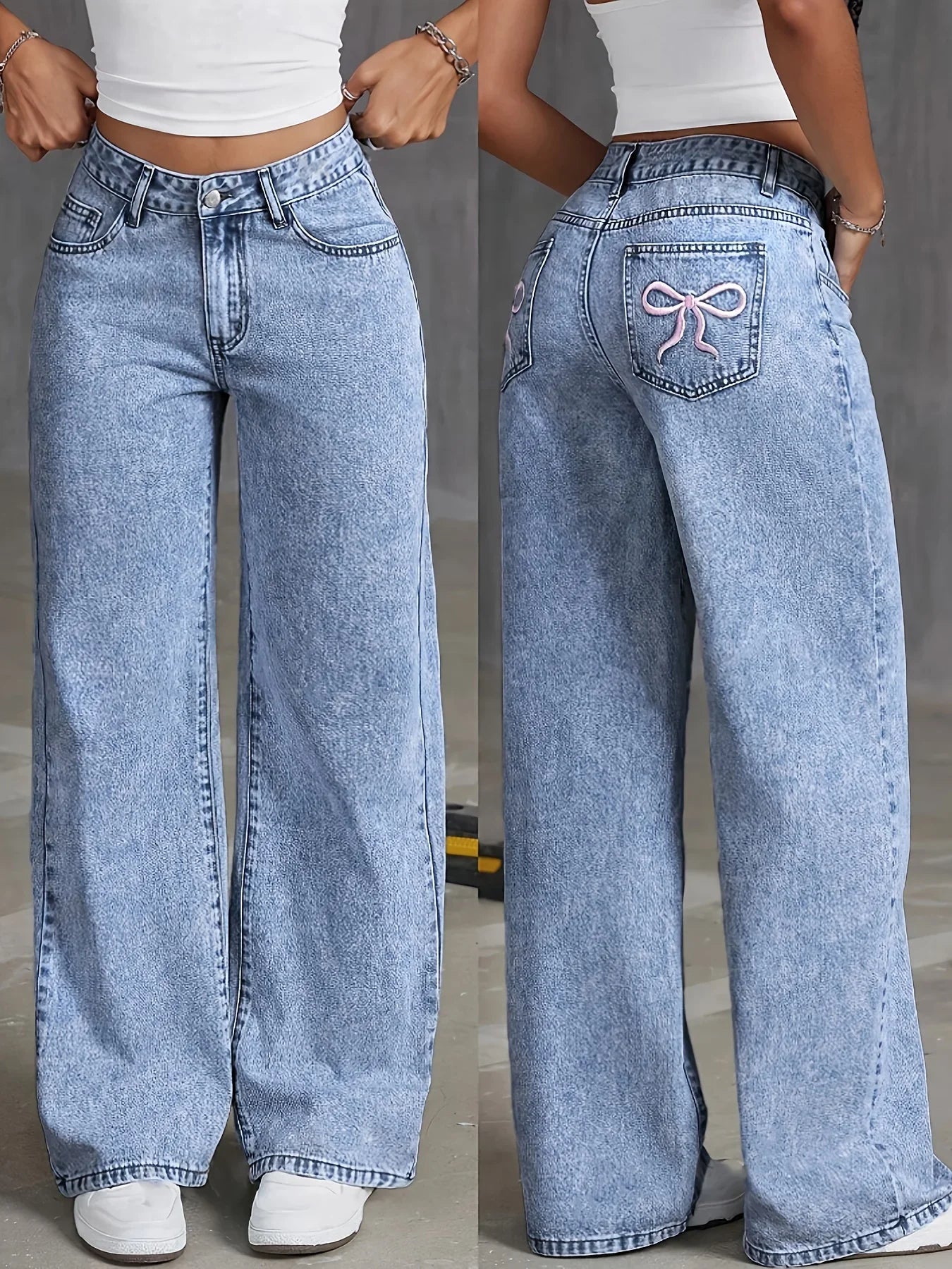 Bow Embroidered Wide-Leg Jeans – Light Blue