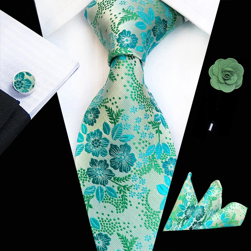 Floral Silk Necktie, Pocket Square & Cufflinks Set – Multiple Colors