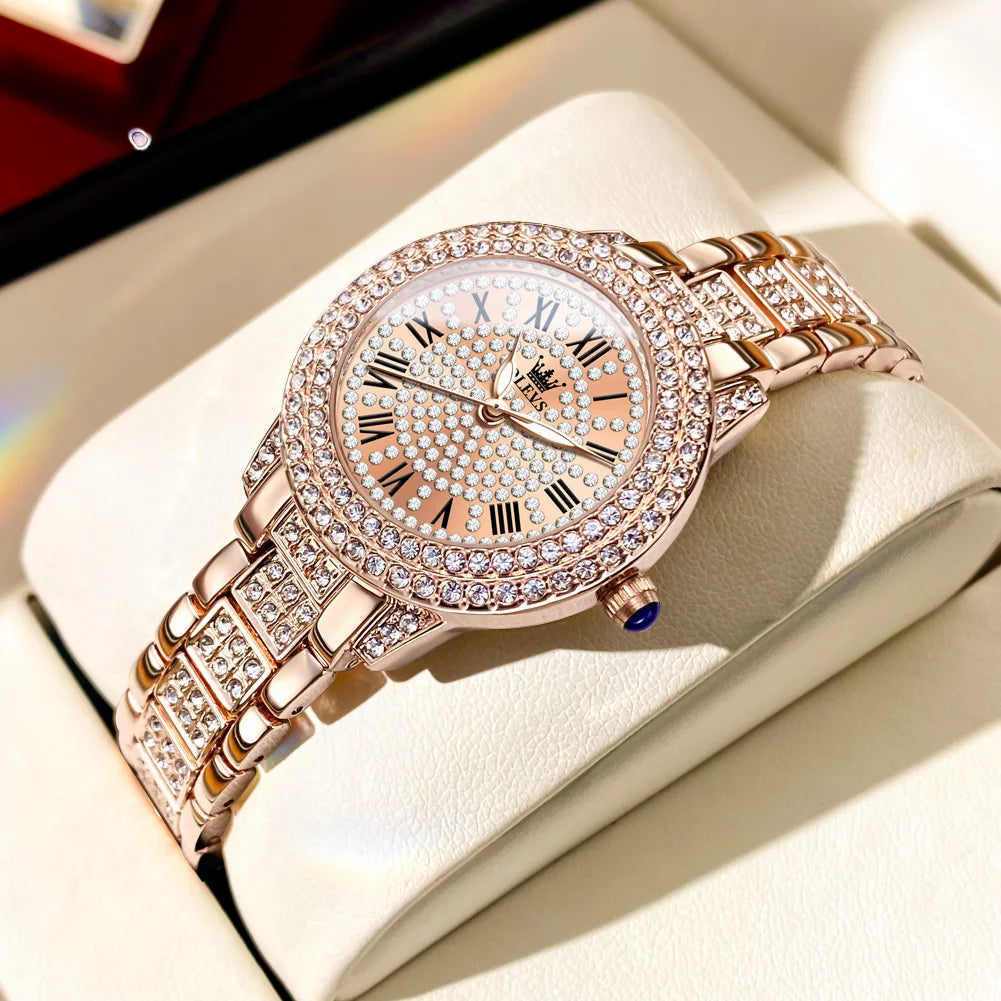 OLEVS 9943 Women's Diamond Quartz Watch | Roman Numeral Dial | Luminous | Stainless Steel Bracelet