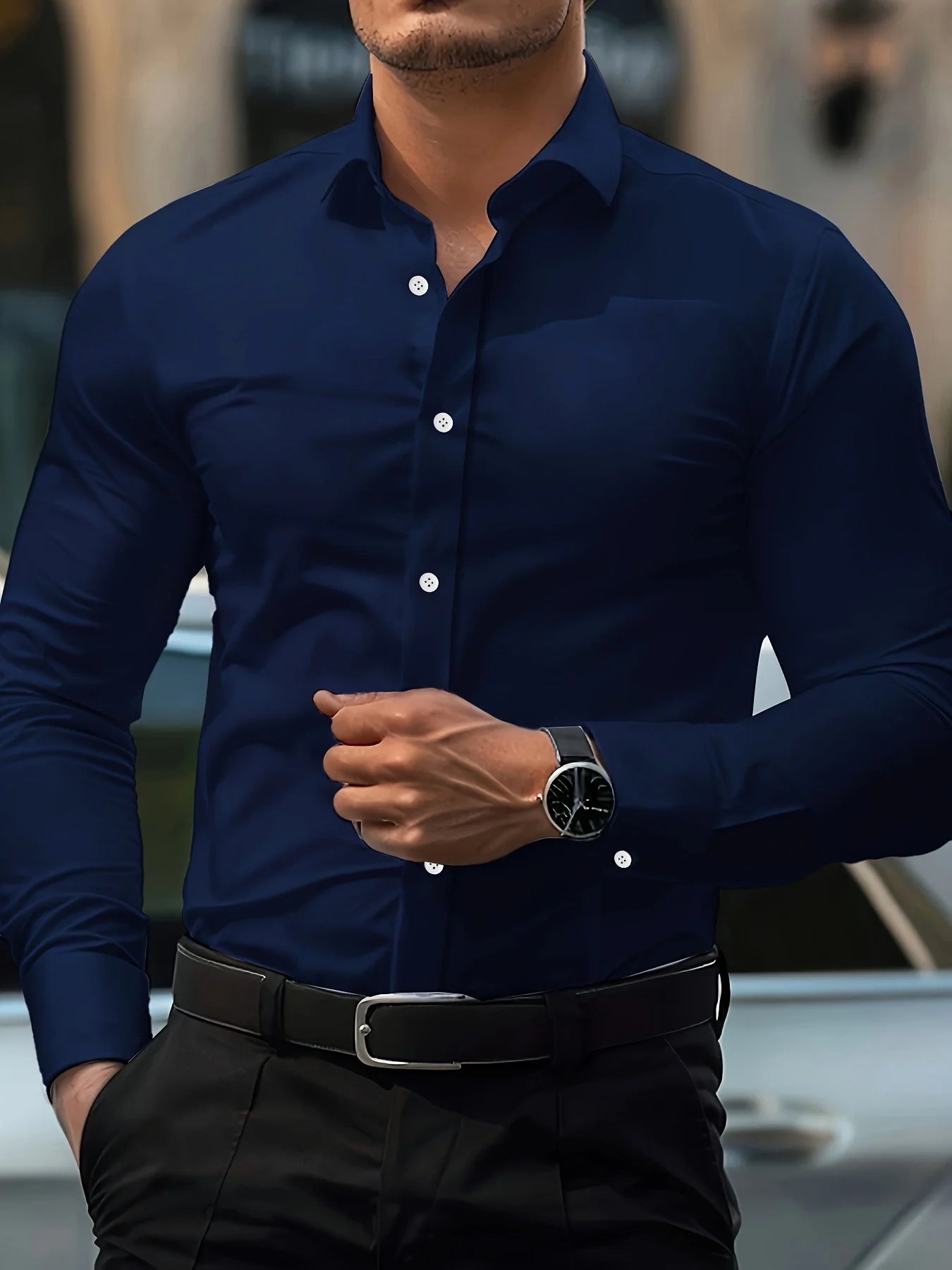Camisa de manga larga de color liso para hombre