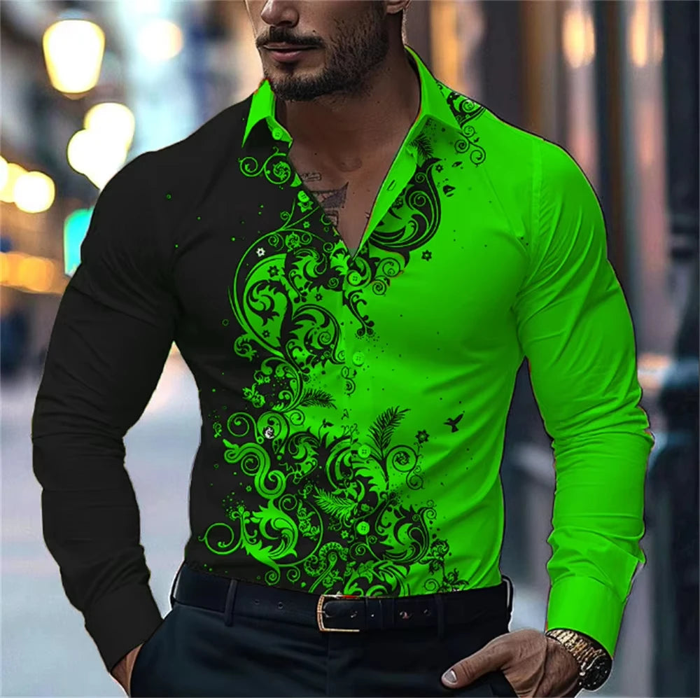 Men's Floral Print Dress Shirt - Long Sleeve Button-Up (S-5XL)
