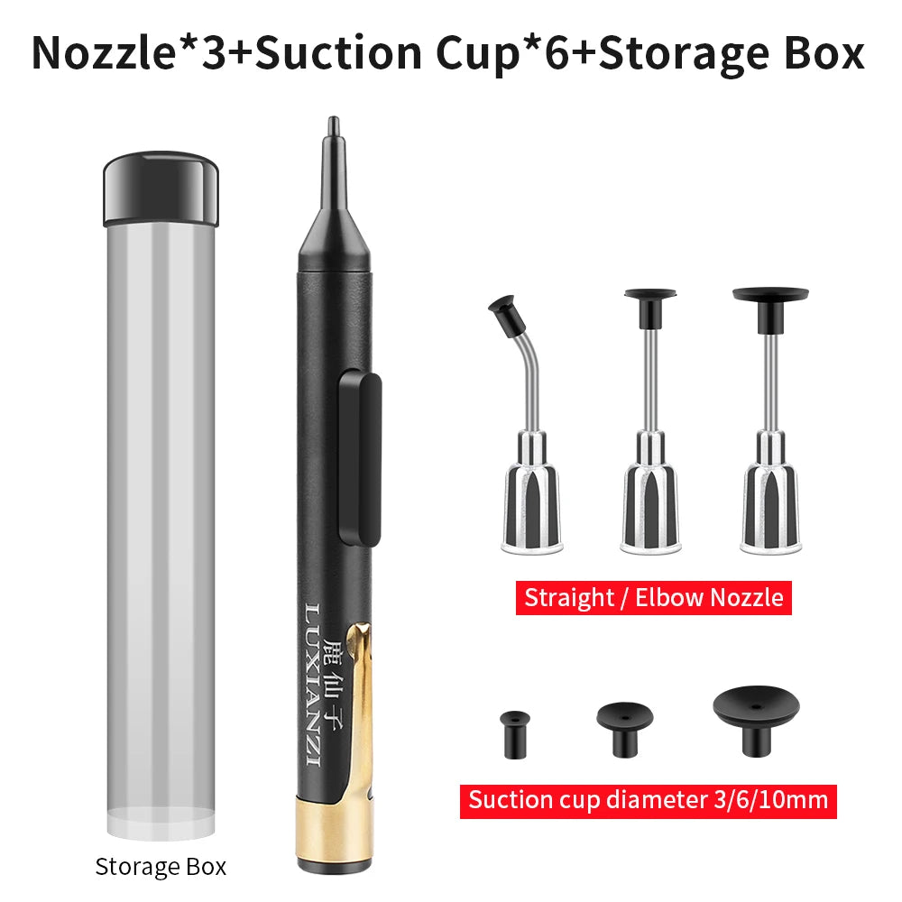 LUXIANZI Vacuum Suction Pen Kit — IC & SMD Component Pick-Up Tool with 3 Suckers
