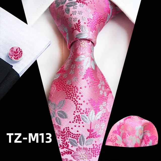 Floral Silk Necktie, Pocket Square & Cufflinks Set – Multiple Colors