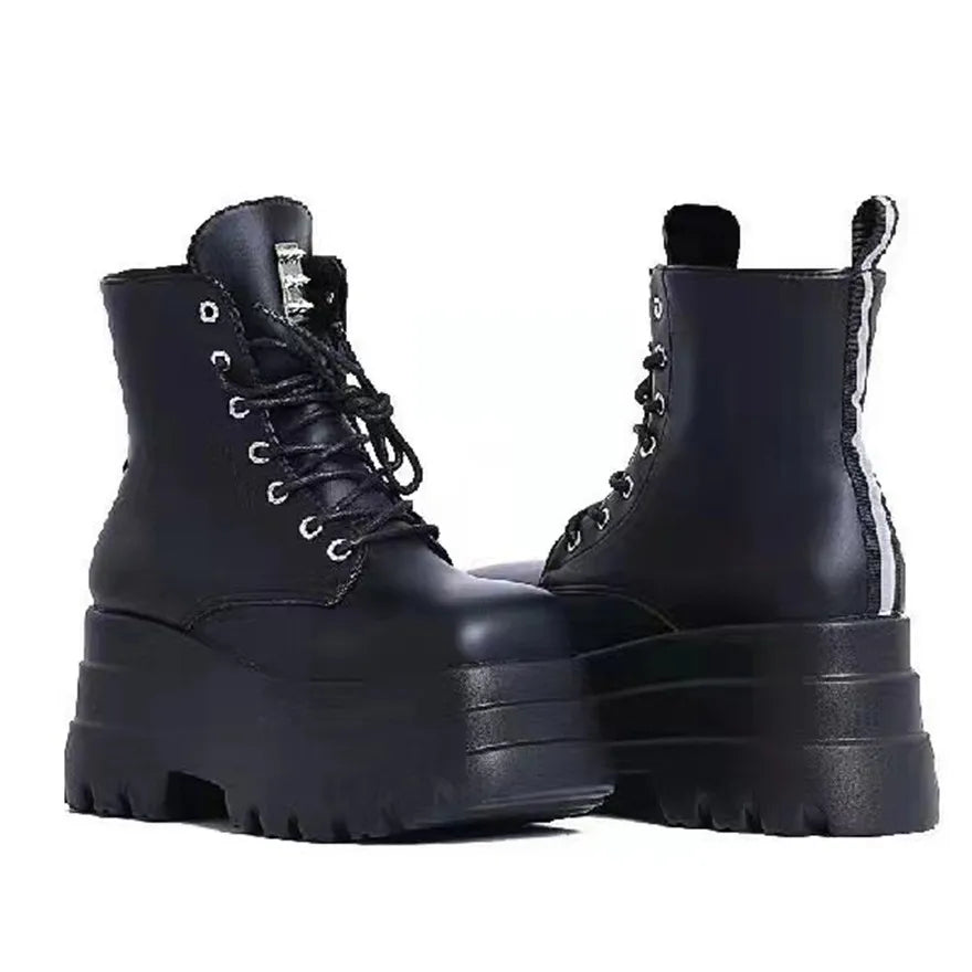 Punk Style Women Platform Wedges Boots 2025 Autumn Soft Leather Fashion Metal Rivet Female Lace Up High Heel Gothic Shoes Black