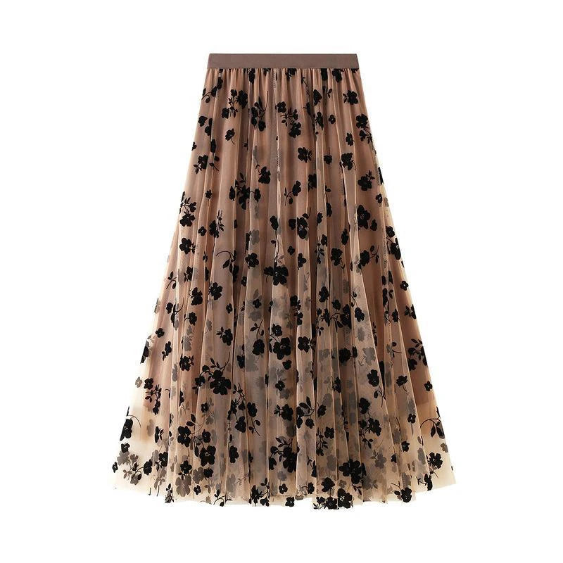 Floral Flocked Tulle Pleated Midi Skirt